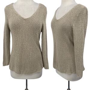 Eileen Fisher Sweater Viscose Linen Blend V Neck Beige Cream Womens Medium